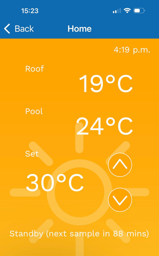 Auckland pool solar controller showing 24 degrees pool water in August